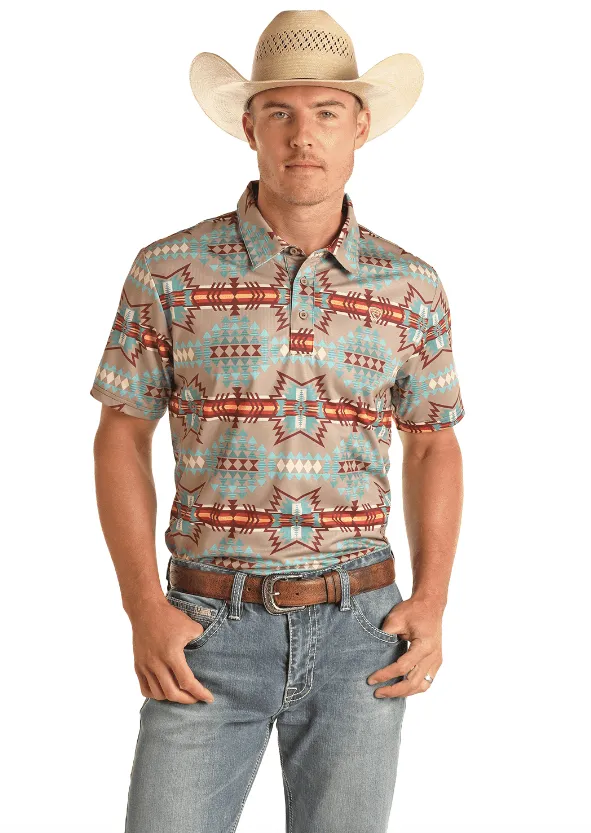 Rock & Roll Cowboy Men's Tan Aztec Polo Shirt RRMT51R16N