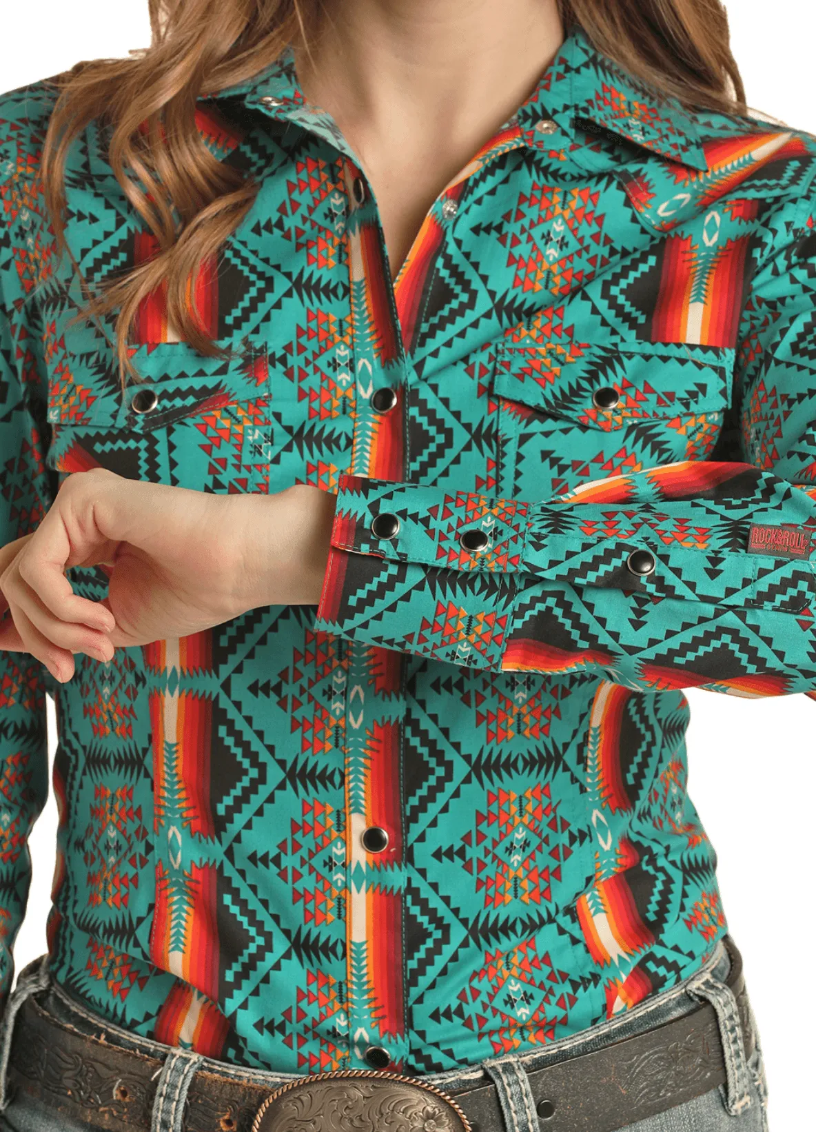 Rock & Roll Cowboy Women's Teal Aztec Long Sleeve Snap Up Western Shirt RRWSOSRZ15