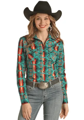 Rock & Roll Cowboy Women's Teal Aztec Long Sleeve Snap Up Western Shirt RRWSOSRZ15