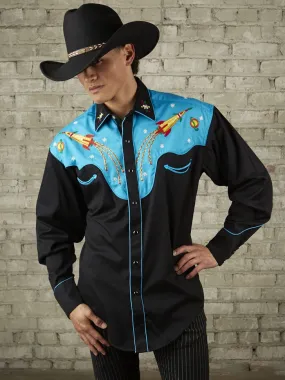 Rockmount 6726 Mens 2 Tone Space Cowboy Embroidered Western Shirt Black Turquoise