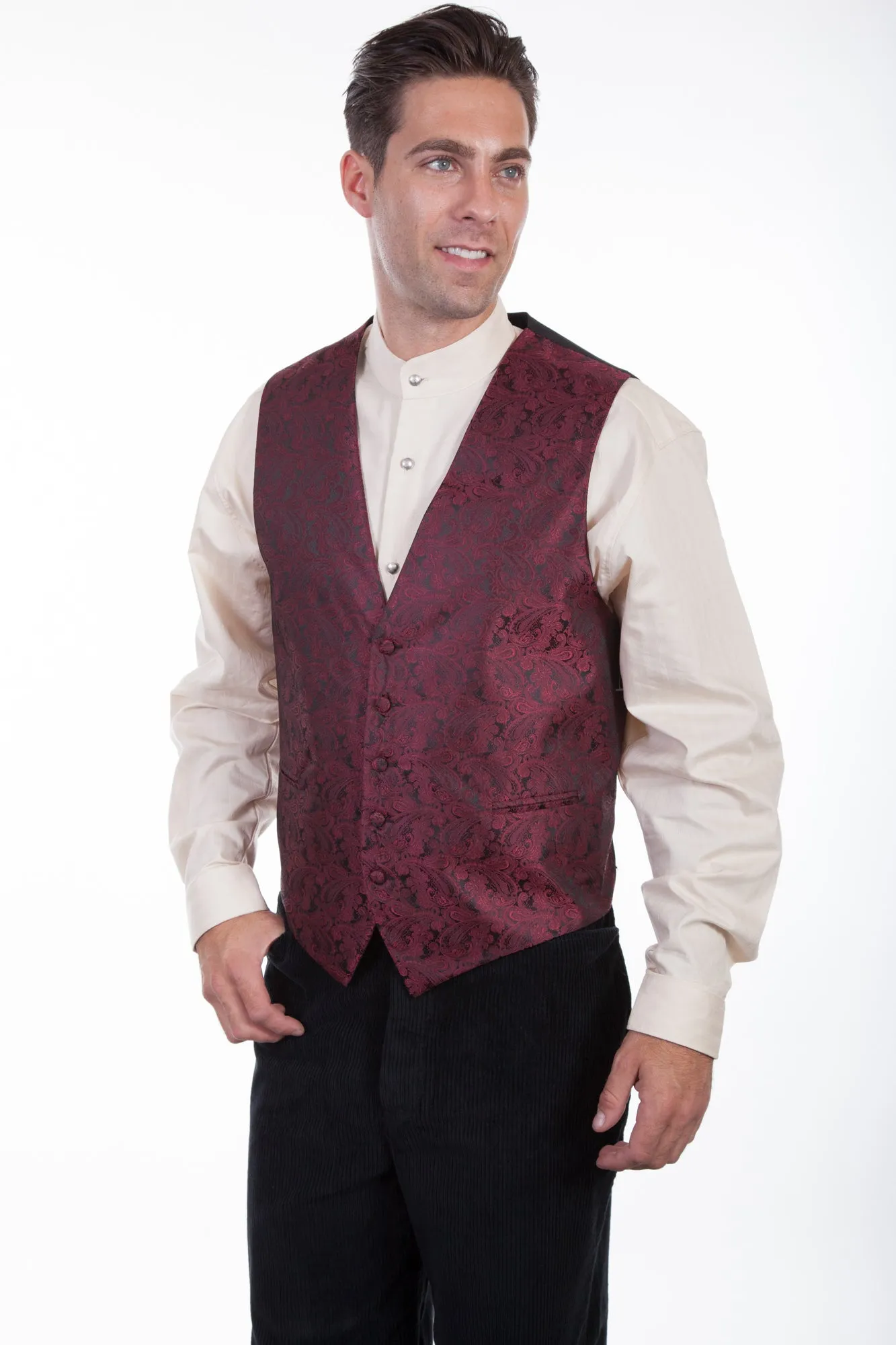 Scully Mens Burgundy Polyester Paisley No Lapel Vest