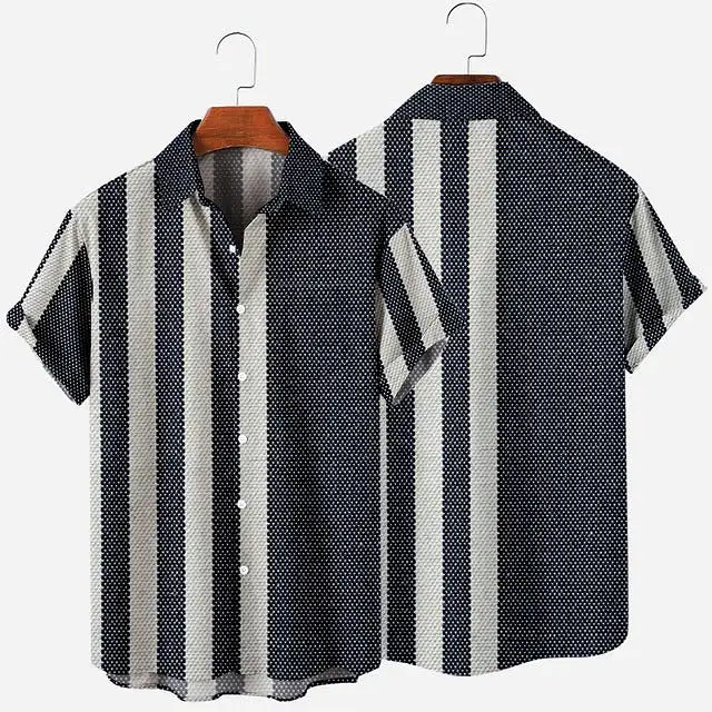 Short Sleeve Lapel Shirt Large Size Striped Simple 30 3D Printing Shirt with Pockets