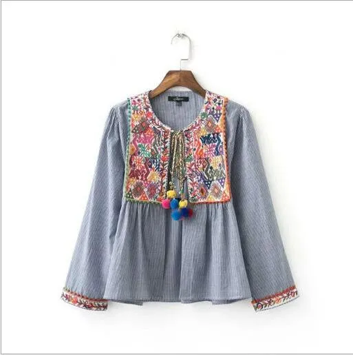 Spring New Women Shirts Fashion Nation Embroidery Women Full-sleeve Female Blouses Retro Striped Casual Women Tops 71204 SM6