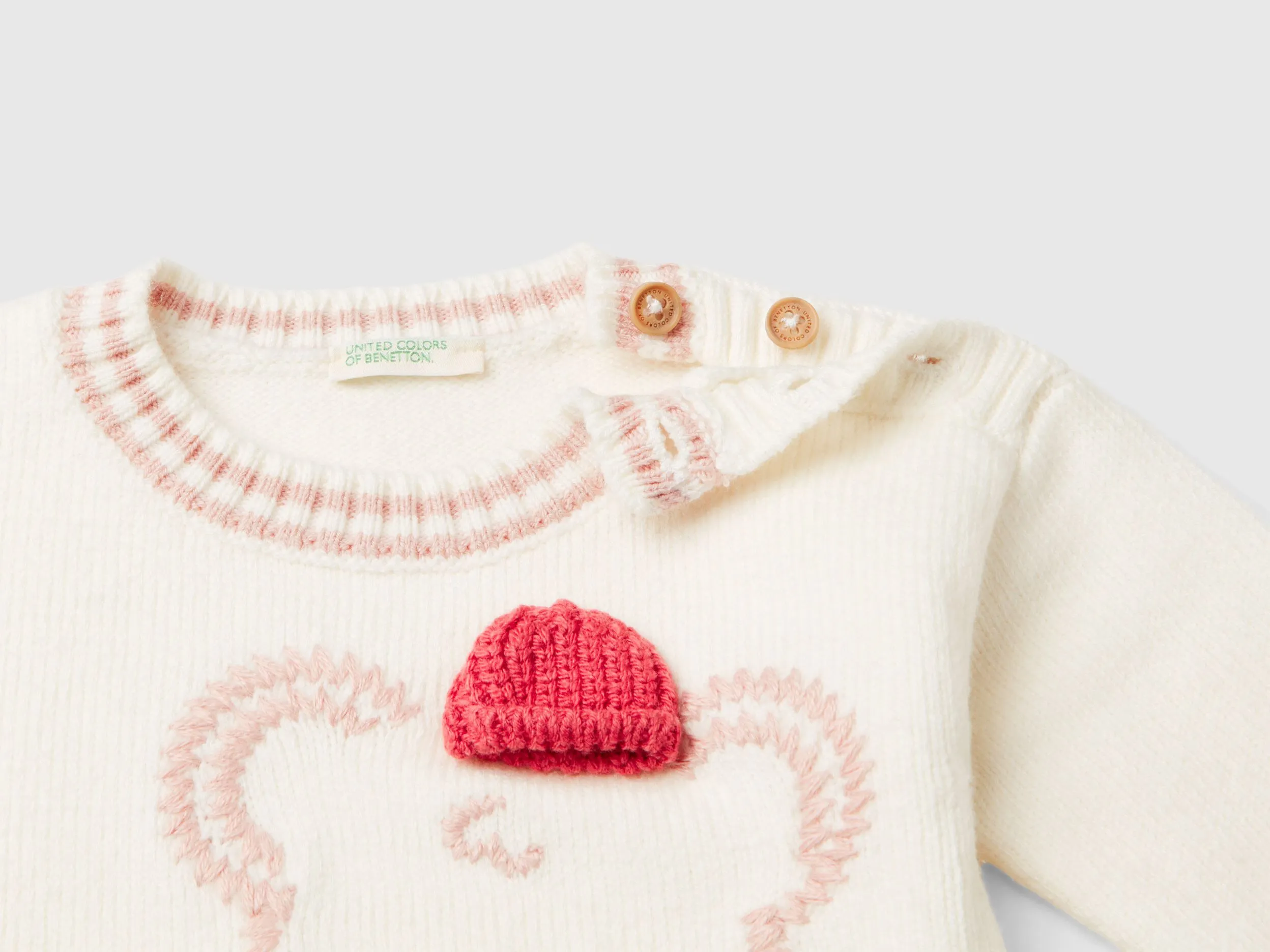 Sweater with embroidery and applique - Creamy White | Benetton