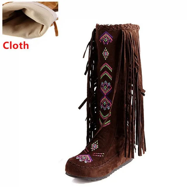 TAOFFEN Fashion Chinese Nation Style Flock Leather Women Fringe Flat Heels Long Boots Woman Tassel Knee High Boots Size 34-43