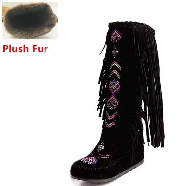 TAOFFEN Fashion Chinese Nation Style Flock Leather Women Fringe Flat Heels Long Boots Woman Tassel Knee High Boots Size 34-43