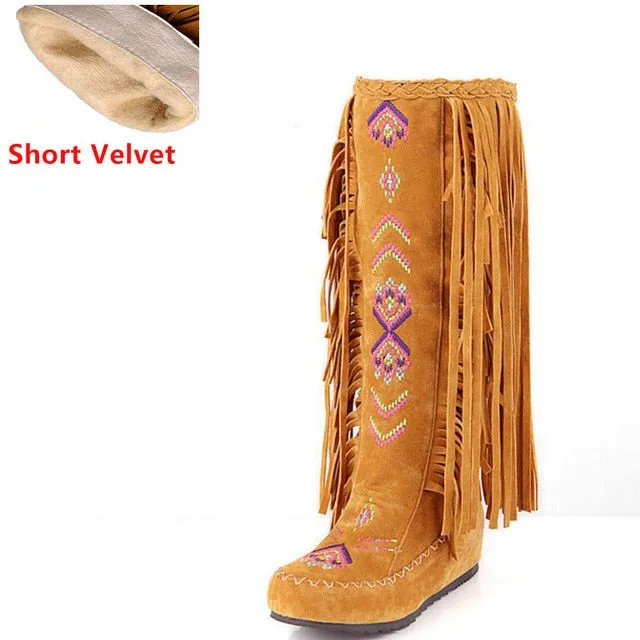 TAOFFEN Fashion Chinese Nation Style Flock Leather Women Fringe Flat Heels Long Boots Woman Tassel Knee High Boots Size 34-43