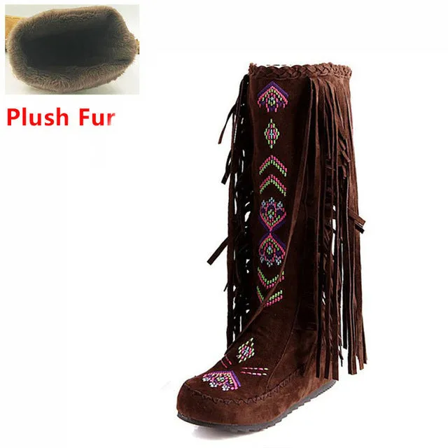 TAOFFEN Fashion Chinese Nation Style Flock Leather Women Fringe Flat Heels Long Boots Woman Tassel Knee High Boots Size 34-43