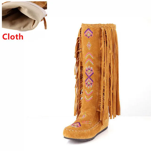 TAOFFEN Fashion Chinese Nation Style Flock Leather Women Fringe Flat Heels Long Boots Woman Tassel Knee High Boots Size 34-43