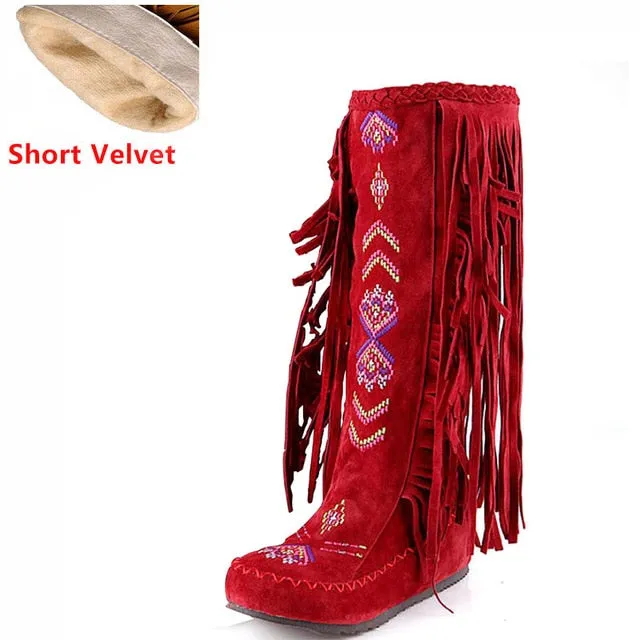 TAOFFEN Fashion Chinese Nation Style Flock Leather Women Fringe Flat Heels Long Boots Woman Tassel Knee High Boots Size 34-43