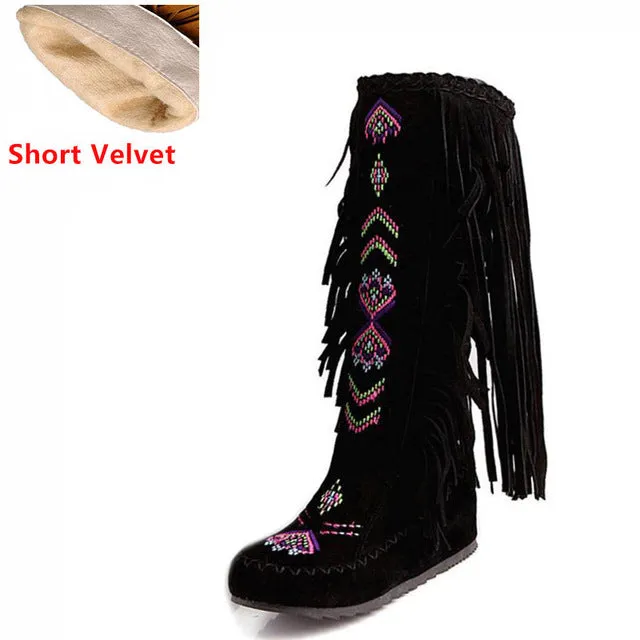 TAOFFEN Fashion Chinese Nation Style Flock Leather Women Fringe Flat Heels Long Boots Woman Tassel Knee High Boots Size 34-43