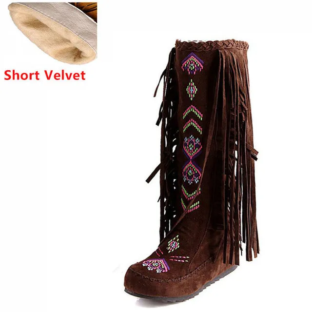 TAOFFEN Fashion Chinese Nation Style Flock Leather Women Fringe Flat Heels Long Boots Woman Tassel Knee High Boots Size 34-43