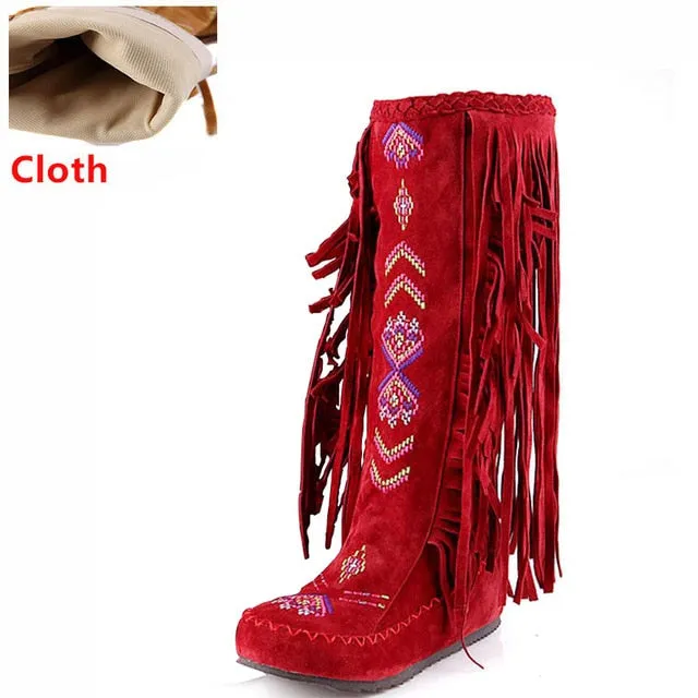 TAOFFEN Fashion Chinese Nation Style Flock Leather Women Fringe Flat Heels Long Boots Woman Tassel Knee High Boots Size 34-43