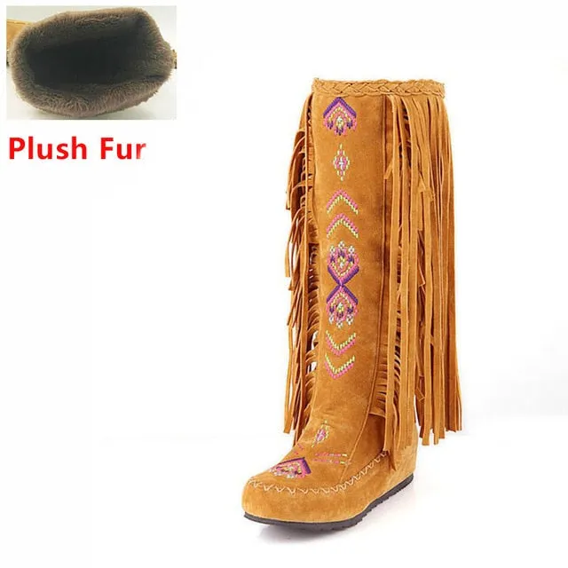 TAOFFEN Fashion Chinese Nation Style Flock Leather Women Fringe Flat Heels Long Boots Woman Tassel Knee High Boots Size 34-43