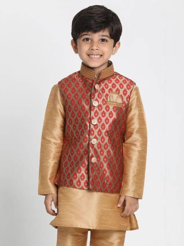 VASTRAMAY Boys' Maroon Cotton Silk Blend Nehru Jacket