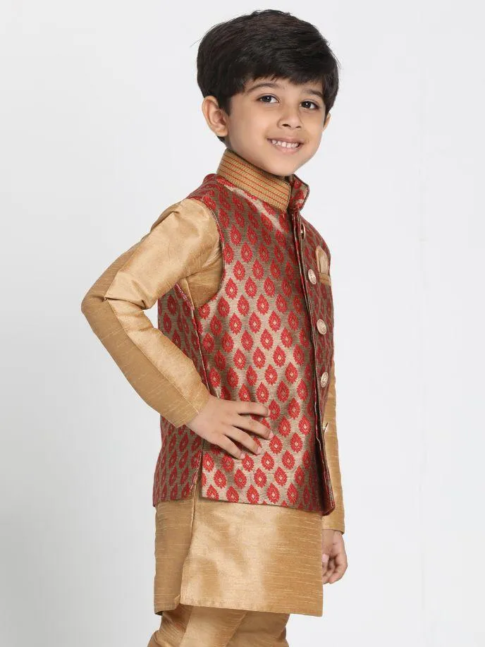 VASTRAMAY Boys' Maroon Cotton Silk Blend Nehru Jacket