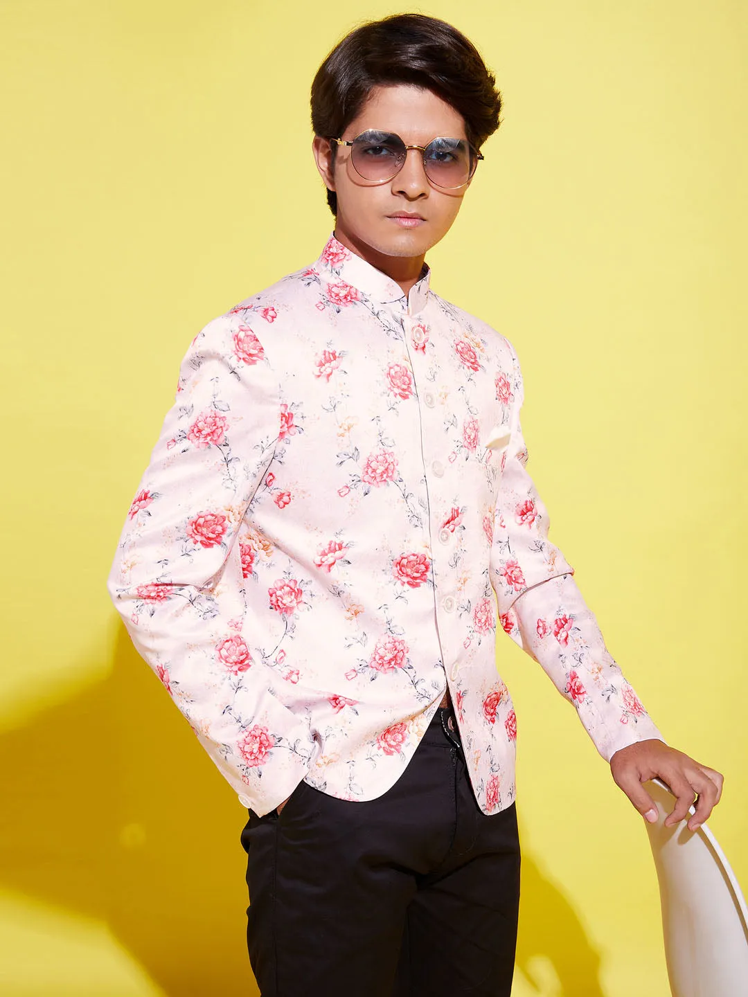 VASTRAMAY Floral Printed Peach Bandhgala Prince Coat Jodhpuri