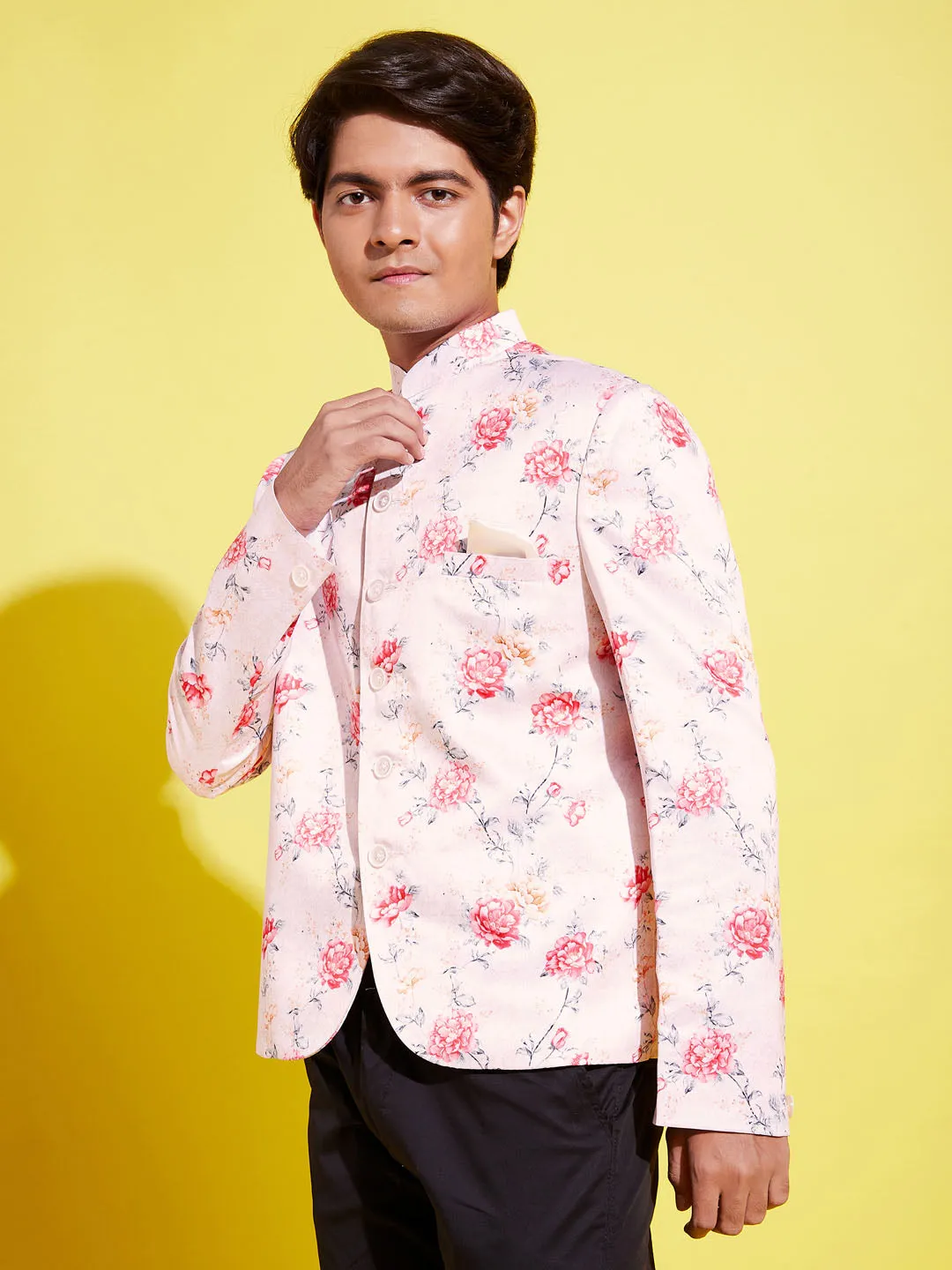 VASTRAMAY Floral Printed Peach Bandhgala Prince Coat Jodhpuri