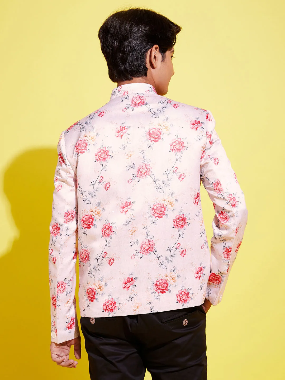 VASTRAMAY Floral Printed Peach Bandhgala Prince Coat Jodhpuri