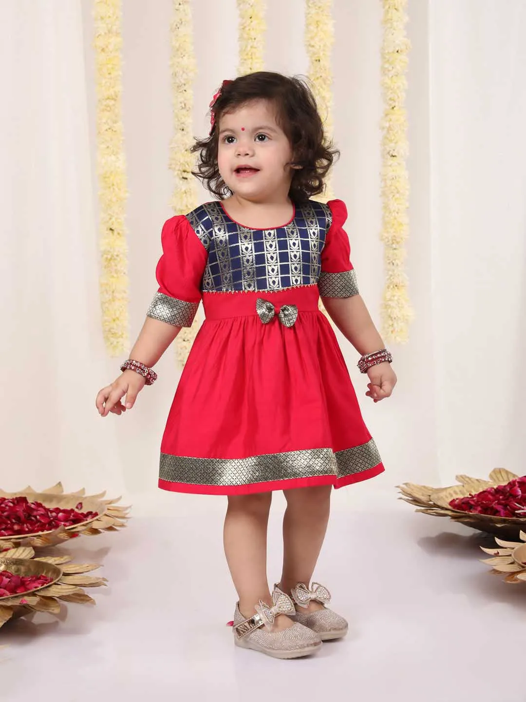 VASTRAMAY Girl's Navy Blue And Pink Banarsi Frock