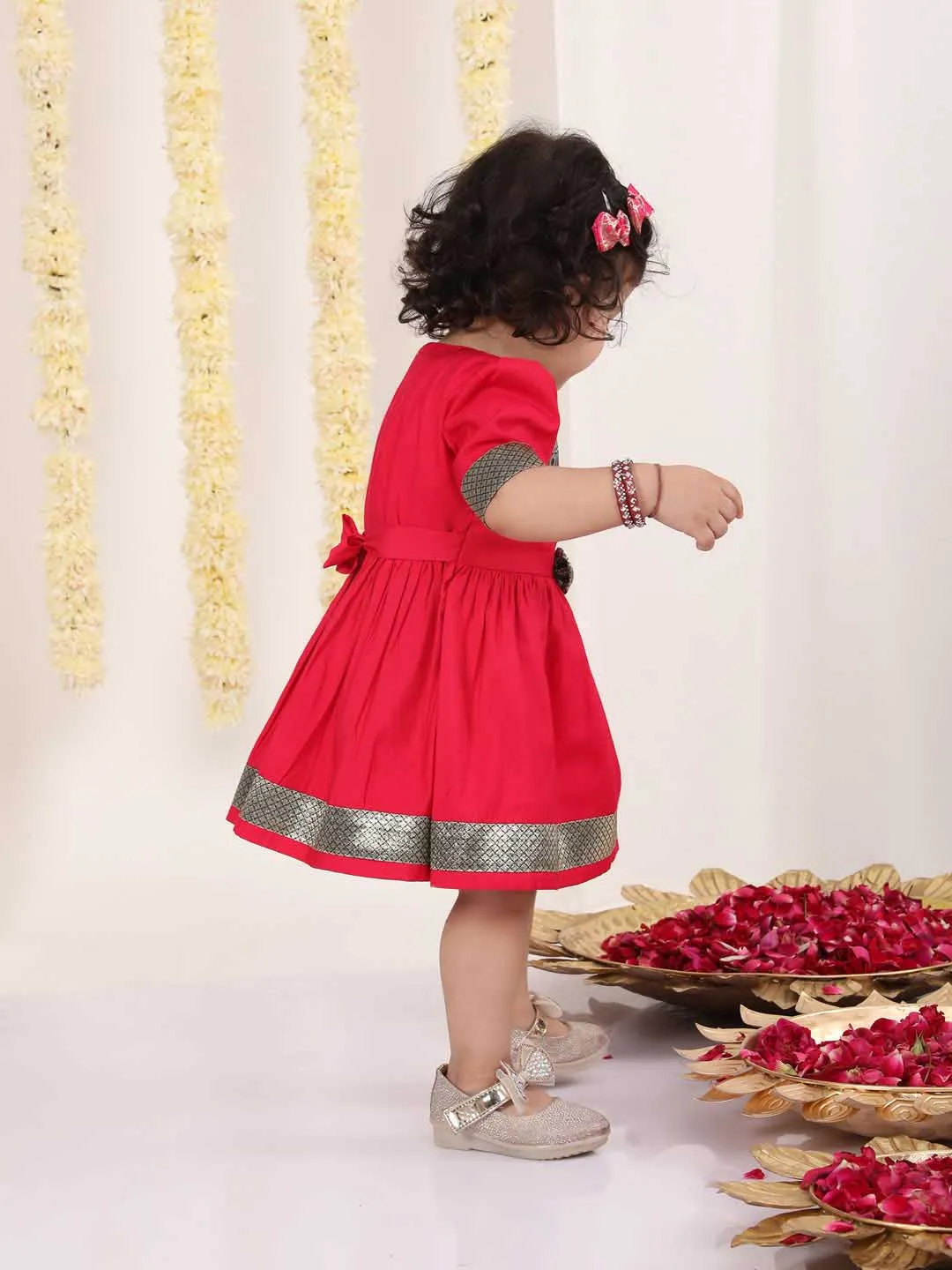 VASTRAMAY Girl's Navy Blue And Pink Banarsi Frock