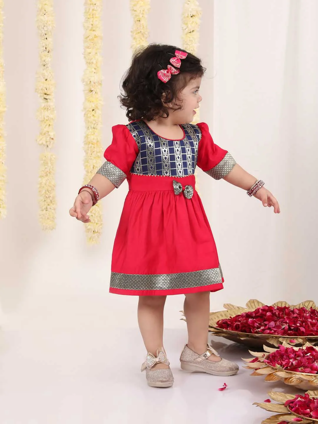 VASTRAMAY Girl's Navy Blue And Pink Banarsi Frock