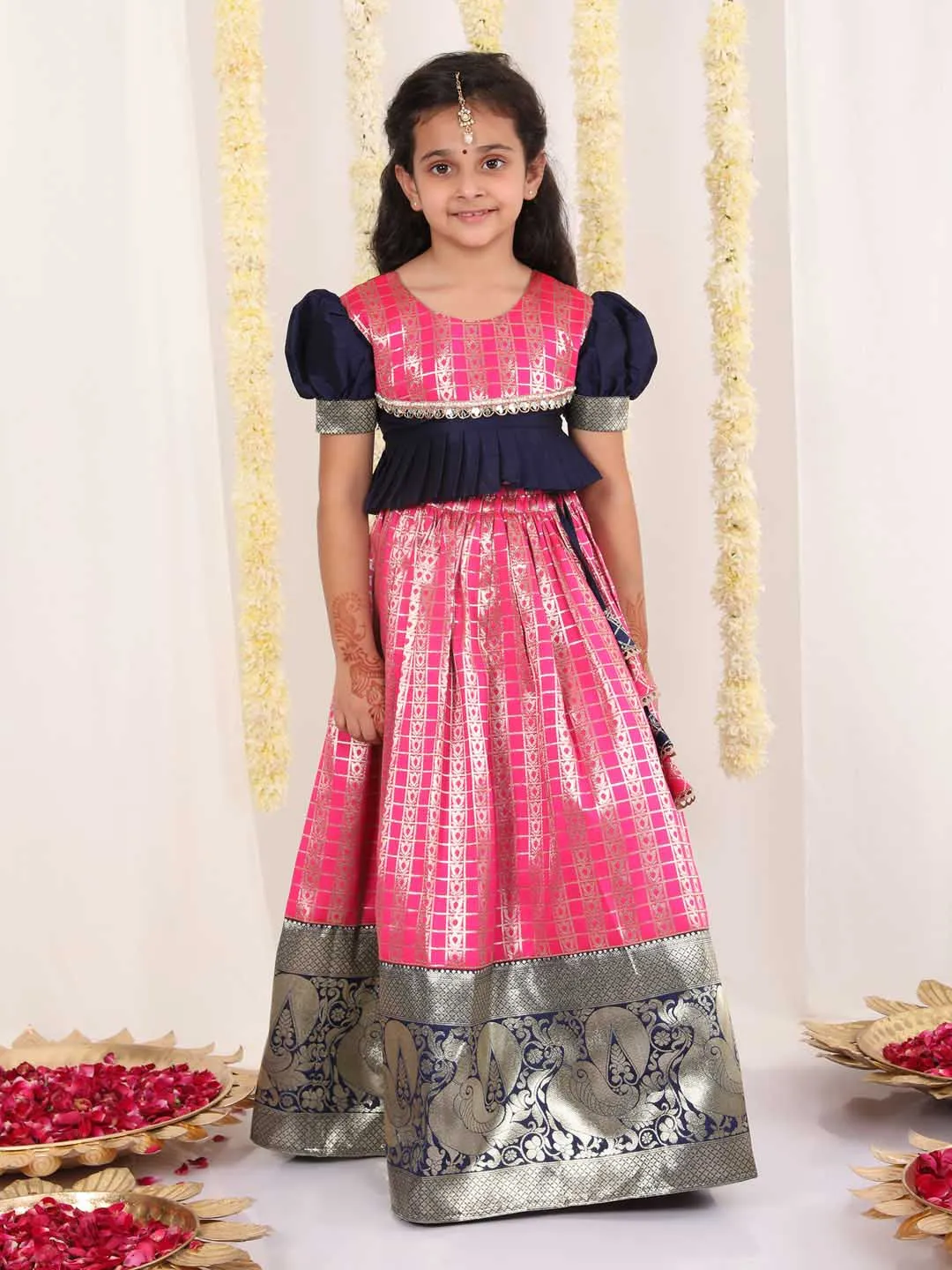 Vastramay Girl's Pink Pavda Pattu Lehenga Choli Set