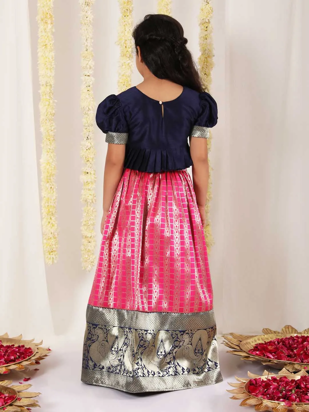 Vastramay Girl's Pink Pavda Pattu Lehenga Choli Set