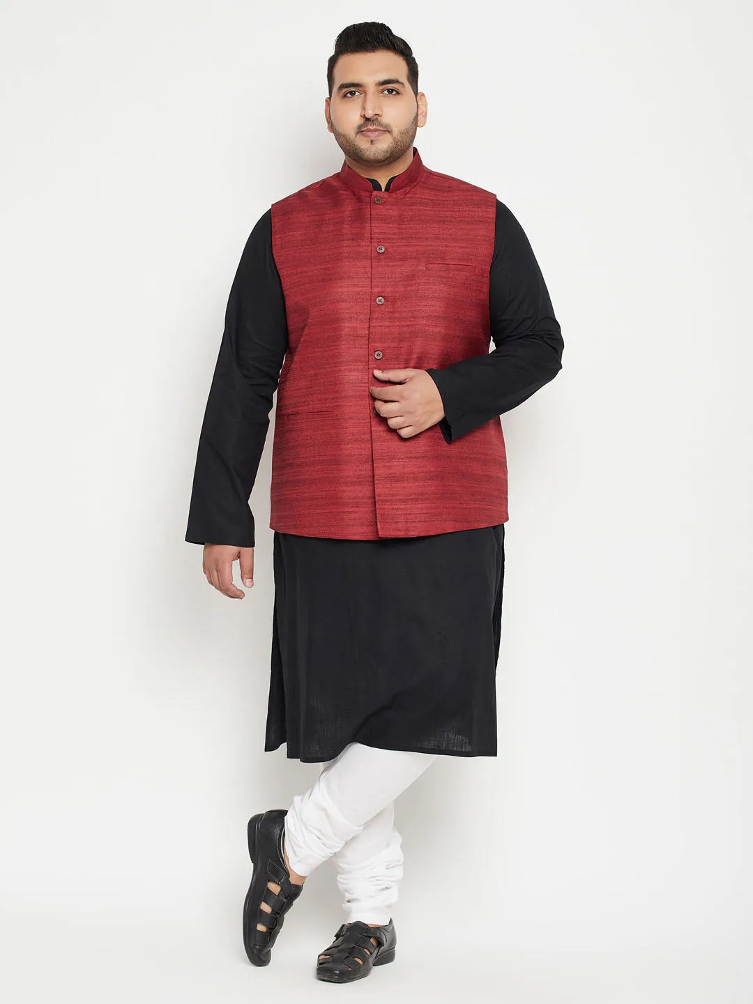 VASTRAMAY Men's Plus Size Black, Maroon Cotton Blend Jacket Kurta Pyjama Set