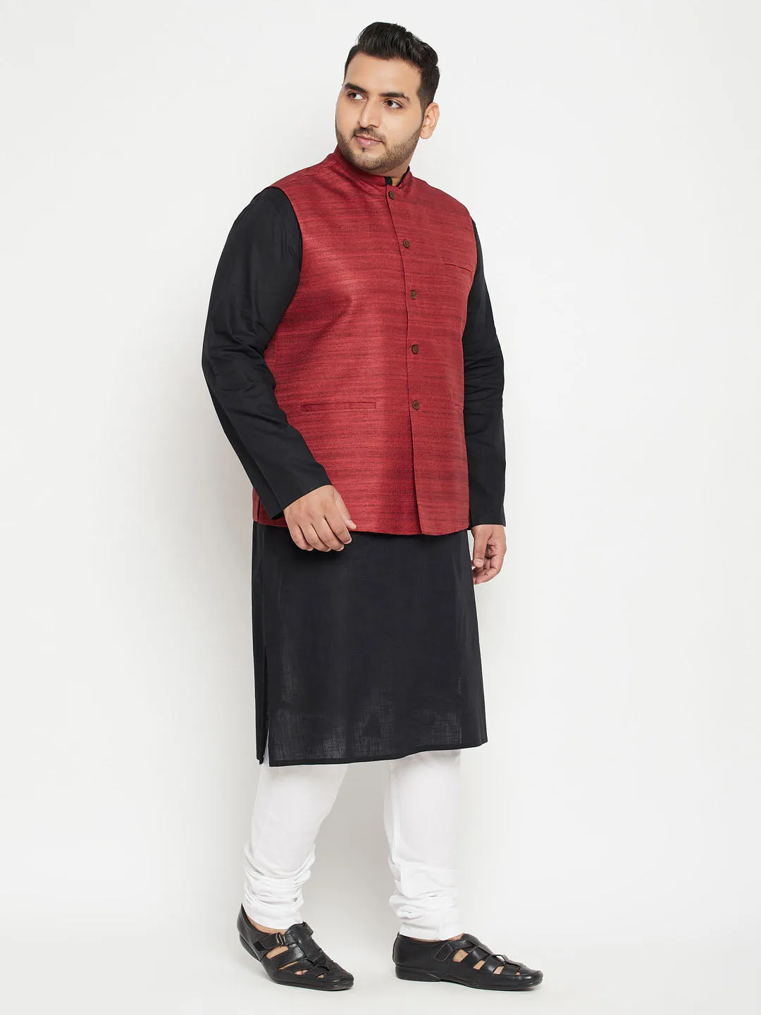 VASTRAMAY Men's Plus Size Black, Maroon Cotton Blend Jacket Kurta Pyjama Set