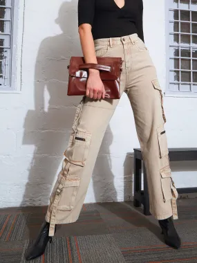 Women Beige Zipper Pocket Cargo Straight Jeans