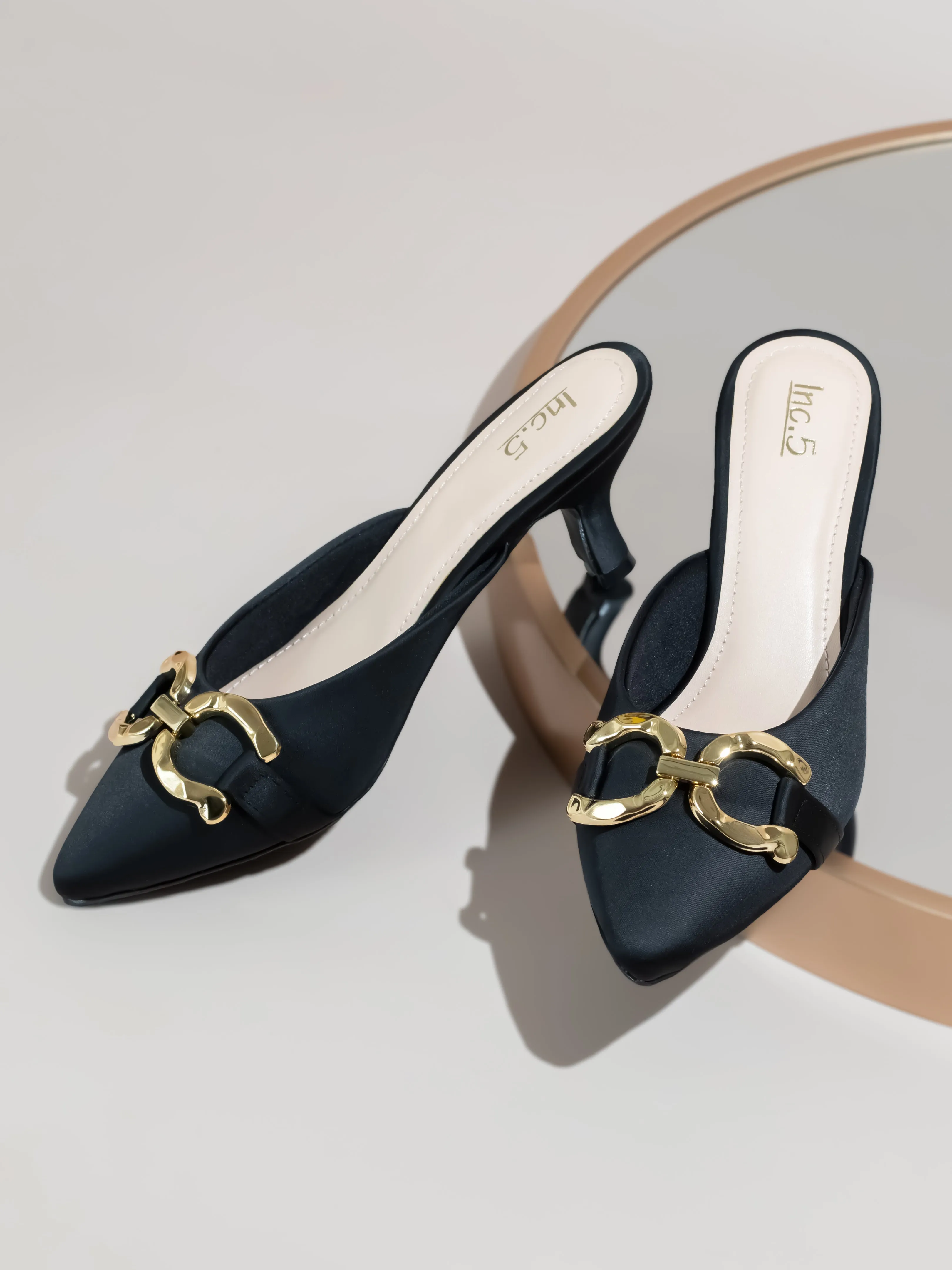 Women Black & Gold-Toned Buckle Embellished Kitten Heel Mules