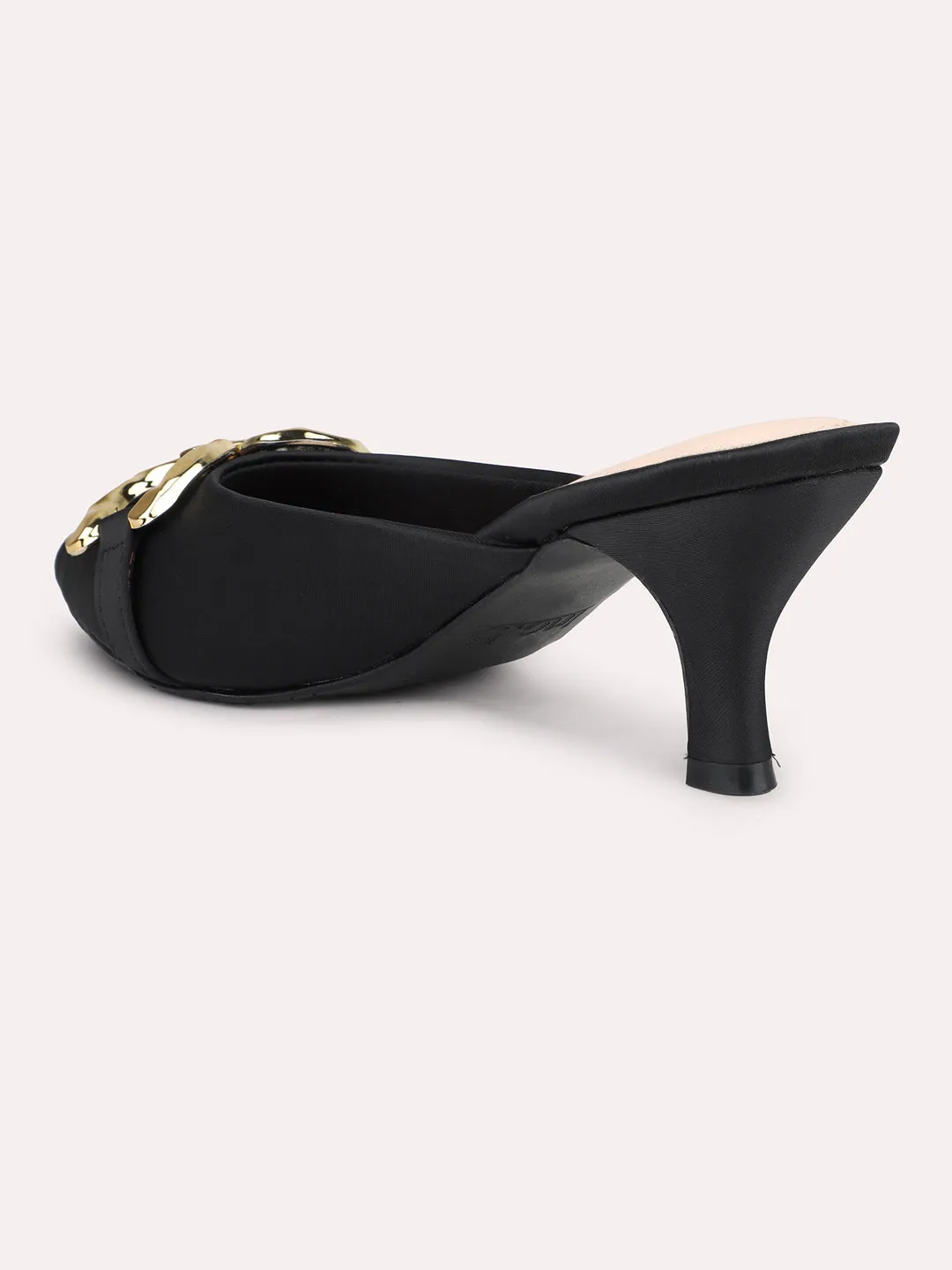 Women Black & Gold-Toned Buckle Embellished Kitten Heel Mules