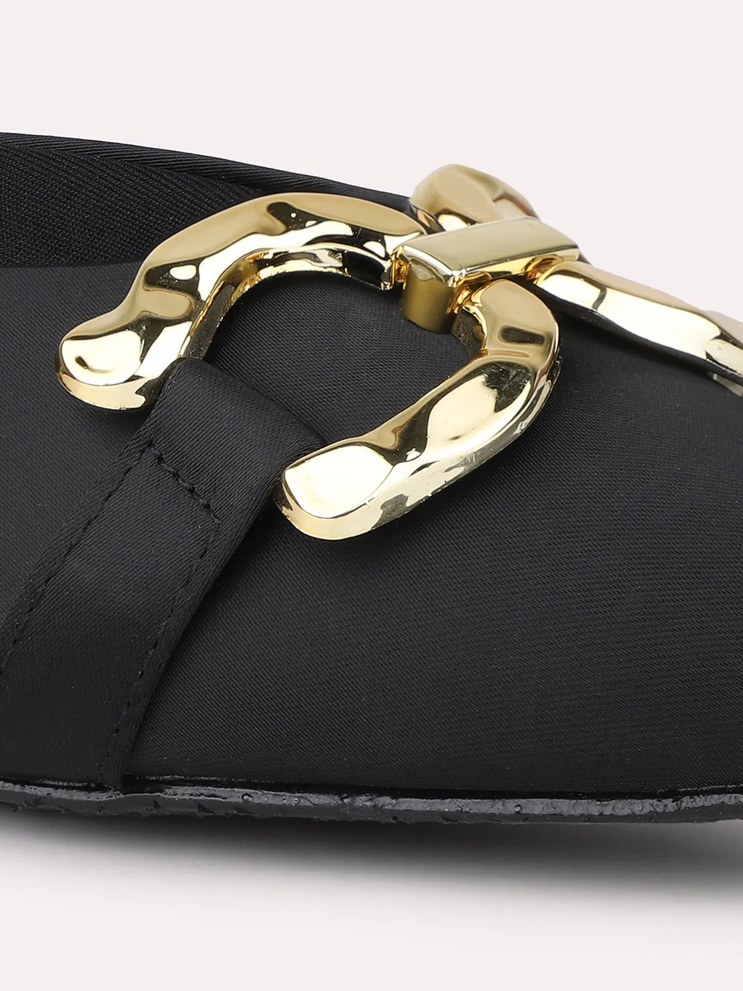 Women Black & Gold-Toned Buckle Embellished Kitten Heel Mules