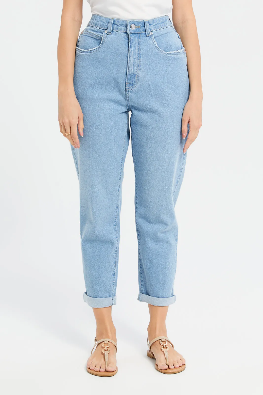 Women Blue High Waist Mom Jeans