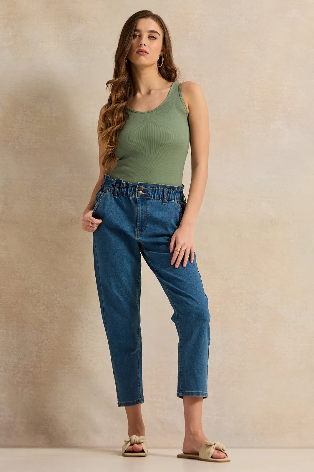 Women Blue Mid Stone Paper Bag Jeans