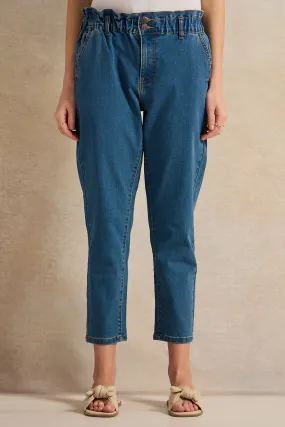 Women Blue Mid Stone Paper Bag Jeans