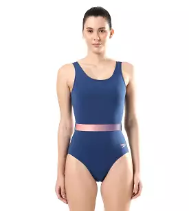 Women's Belted U Back One Piece Swimwear - Ammonite  &  Soft Coral