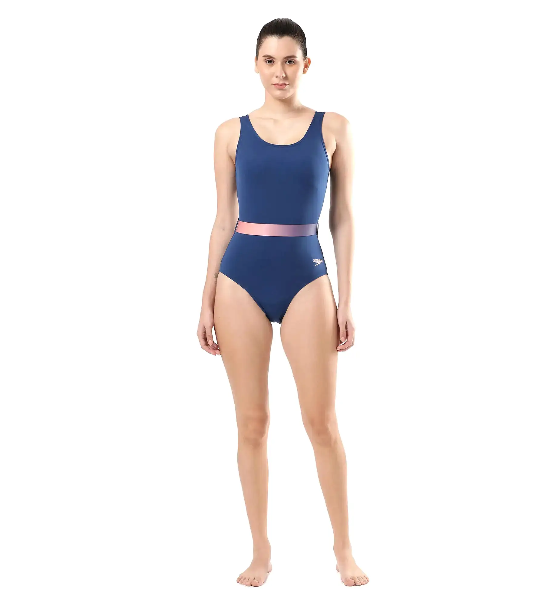 Women's Belted U Back One Piece Swimwear - Ammonite  &  Soft Coral