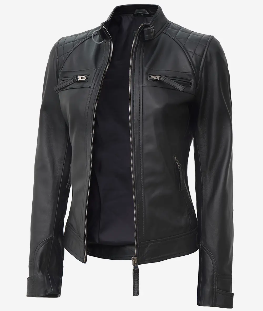 Womens Petite Black Quilted Motorcycle Leather Jacket