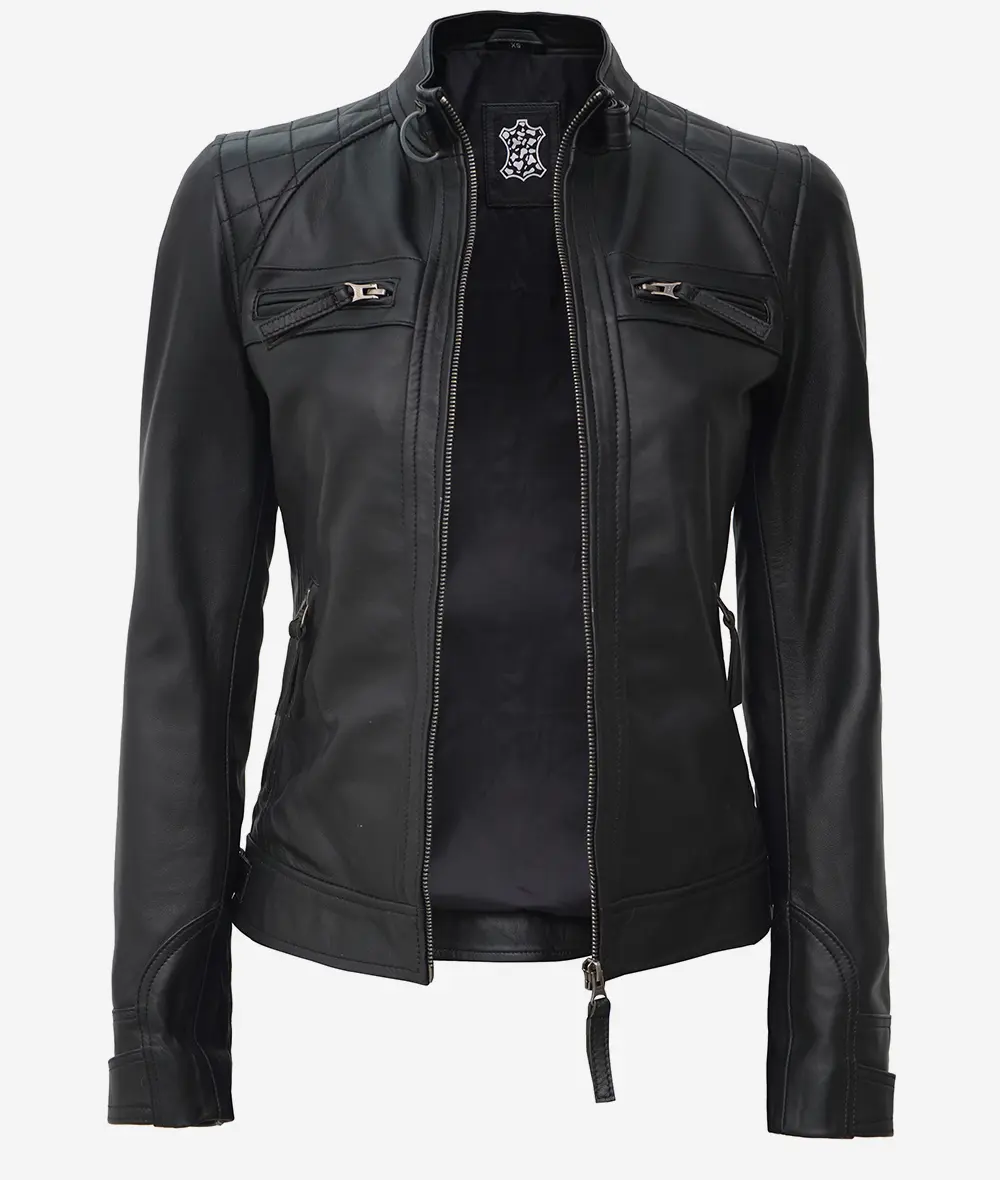 Womens Petite Black Quilted Motorcycle Leather Jacket