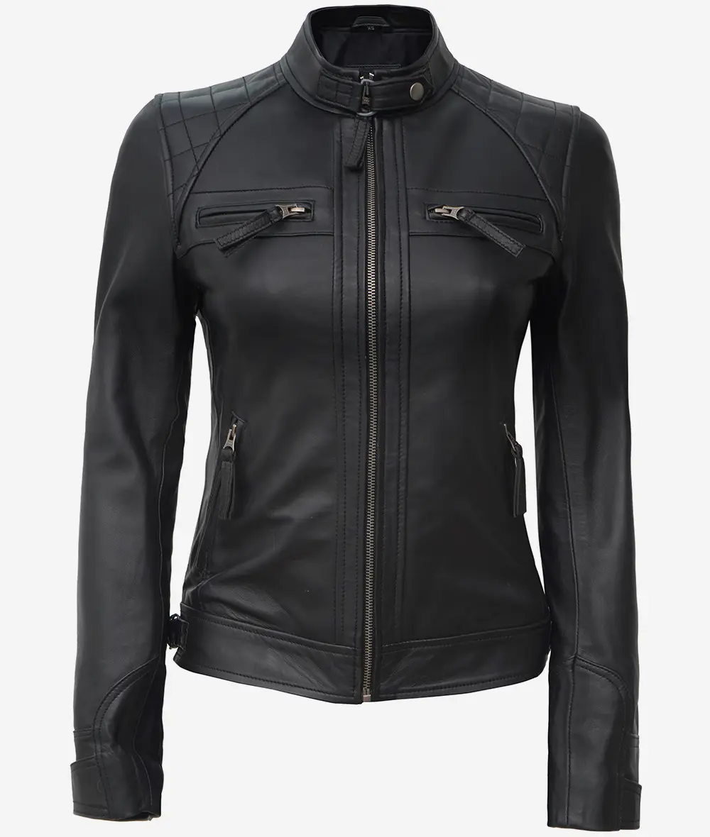 Womens Petite Black Quilted Motorcycle Leather Jacket