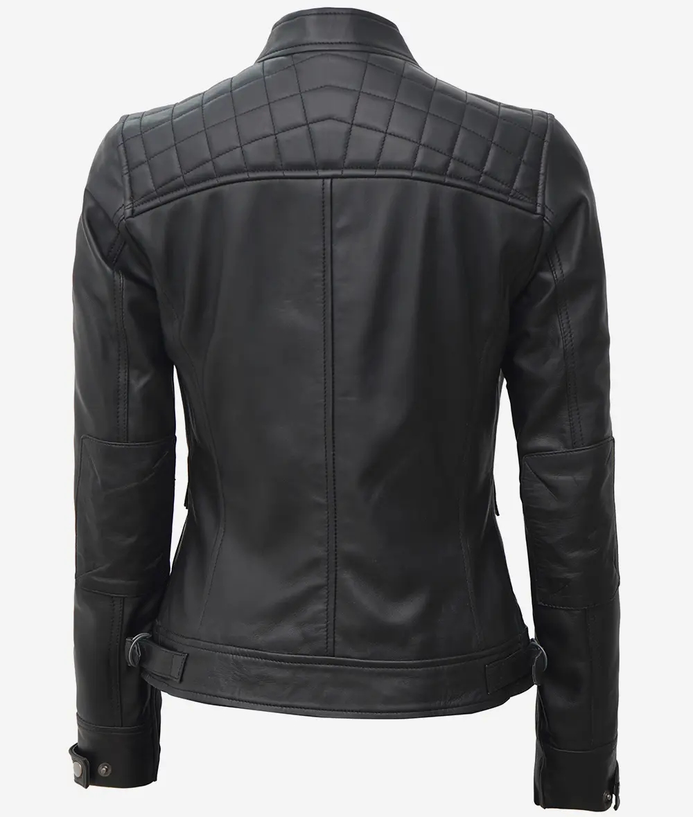 Womens Petite Black Quilted Motorcycle Leather Jacket