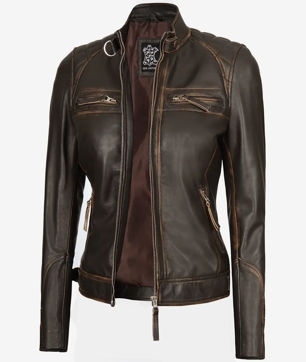 Womens Quilted Rub off Dark Brown Real Lambskin Leather Motorcycle Jacket