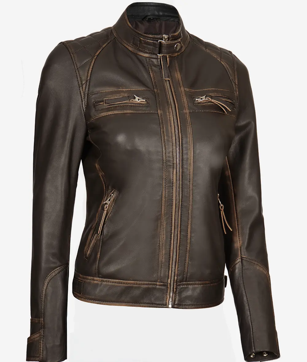 Womens Quilted Rub off Dark Brown Real Lambskin Leather Motorcycle Jacket