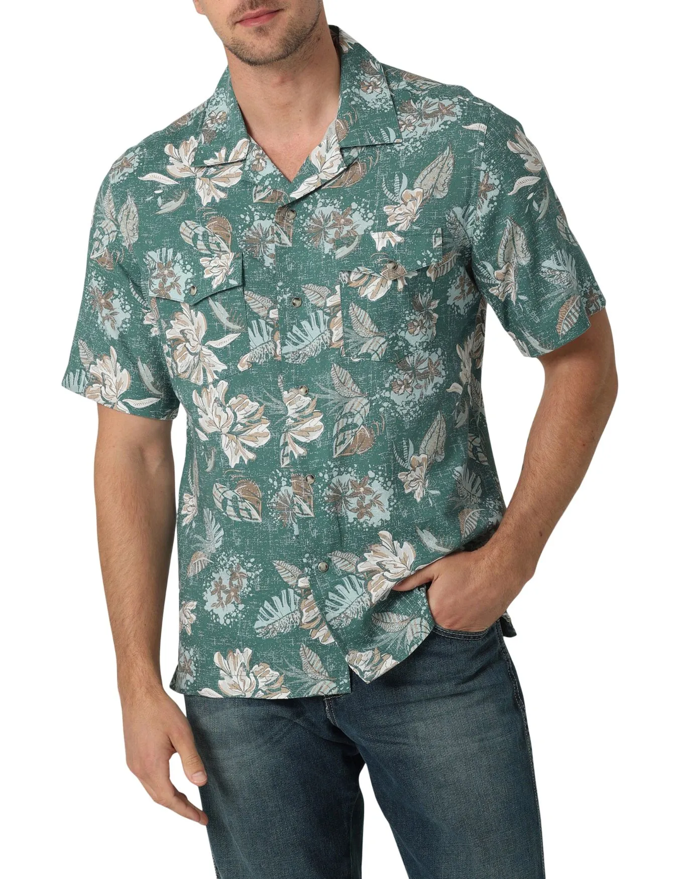 Wrangler Mens Coconut Cowboy Teal Leaf Short Sleeve Shirt