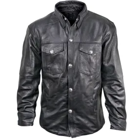 Xelement XS908B Black Leather Shirt for Men with Vintage Buffalo Buttons - Premium Genuine Light Weight and Durable Leather Shir