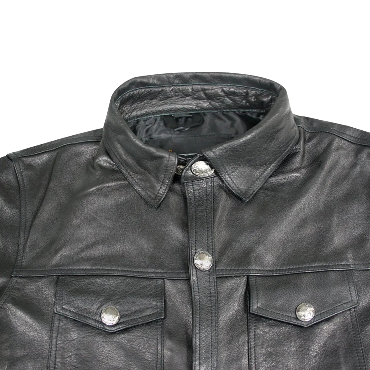 Xelement XS908B Black Leather Shirt for Men with Vintage Buffalo Buttons - Premium Genuine Light Weight and Durable Leather Shir