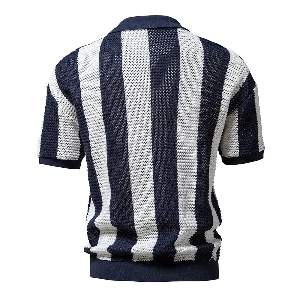 Xituodai 100% Cotton Hollow Out Knitted Striped Polo Shirts Mens High Quality Short Sleeve Lapel Tops Summer Casual  Polos Tshir