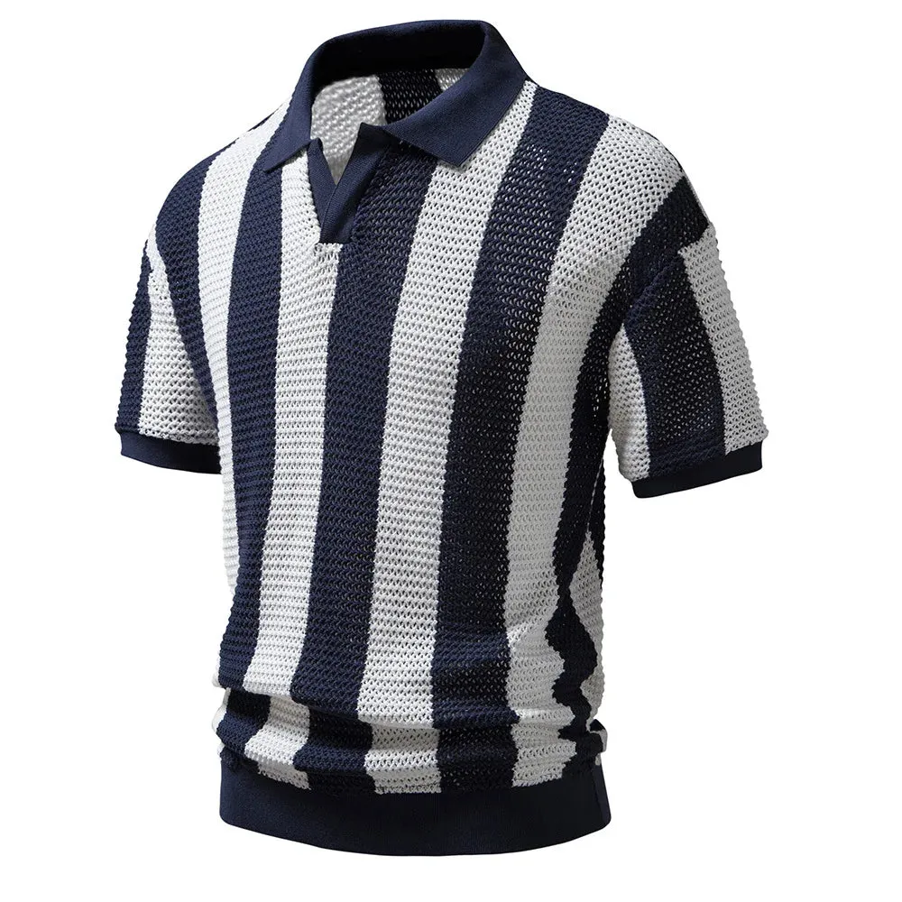 Xituodai 100% Cotton Hollow Out Knitted Striped Polo Shirts Mens High Quality Short Sleeve Lapel Tops Summer Casual  Polos Tshir